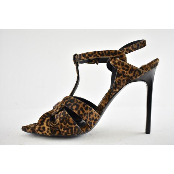 Saint Laurent YSL Tribute Black Brown Leopard Pony T Strap Sandal Heel Pump 39.5 - Picture 8 of 12